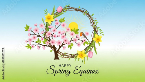 Happy Spring Equinox illustration with a blooming cherry tree daffodils and a robin within a wreath symbolizing renewal and natures awakening
