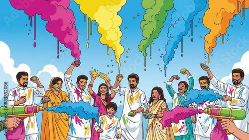 Vibrant Holi festival celebration with families playing with colored powder and water guns a joyous cultural event depicted in a colorful illustration