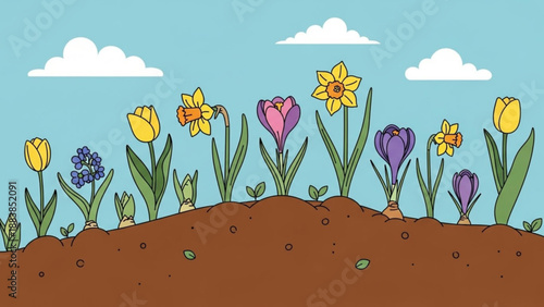 Spring flowers blooming in soil a colorful collection of tulips daffodils crocuses and hyacinths with green leaves and buds set against a blue sky with clouds