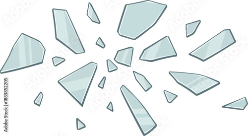 A vivid graphic concept depicting scattered, sharp fragments of broken glass, symbolizing fragility, damage, or sudden impact