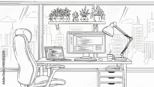 Modern office desk with computer and laptop illustration.