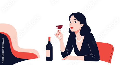 Elegant woman in a black dress sitting alone at a table enjoying a glass of red wine with a bottle nearby.