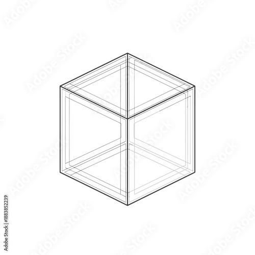 Minimalist Isometric Cube Line Drawing Vector Illustration. Abstract 3D Geometric Structure Blueprint on White Background.