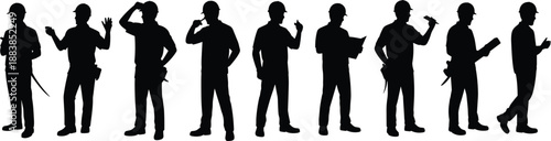 Construction,workers,silhouettes,standing,tools,engineers,builders,black,figures,isolated,white,background,industry,labor,repair,maintenance,professional,teamwork,people,concept