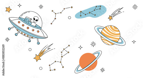 Cute collection of hand-drawn space elements including a friendly alien in a UFO planets stars and constellations.
