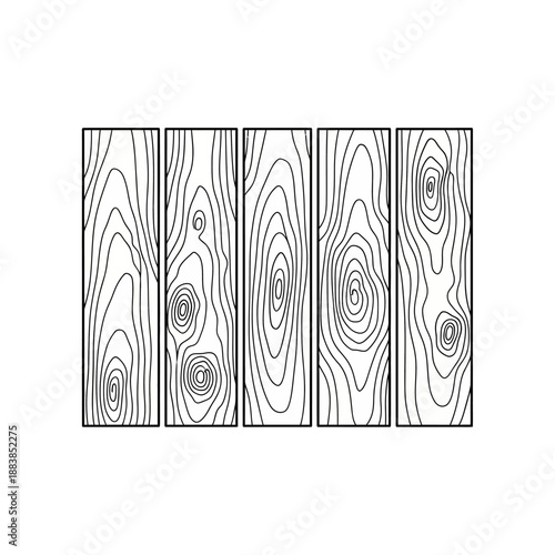 Vector Outline Drawing of Five Wooden Planks with Natural Wood Grain Texture and Knots - Black and White Minimalist Line Art