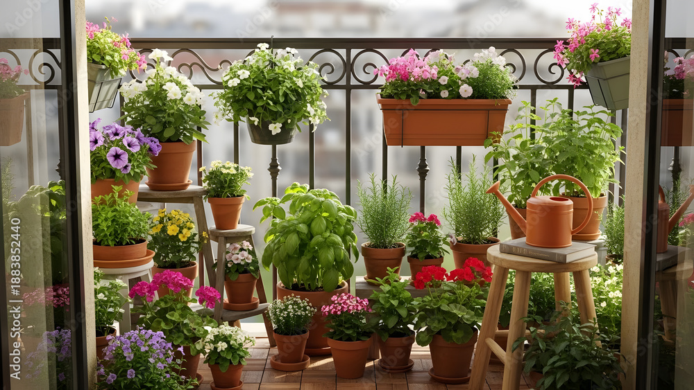 Obraz premium A lush display of blooming flowers and green plants in clay pots arranged on a small city balcony