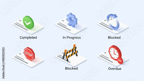 Project Management Icons for Task Status on White Square Papers.
