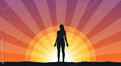 Woman standing confidently in front of a vibrant sunset with radiant sun rays and a serene landscape