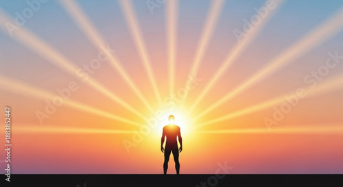 Man standing alone facing sunrise with radiant sunbeams symbolizing hope and new beginnings in a serene landscape