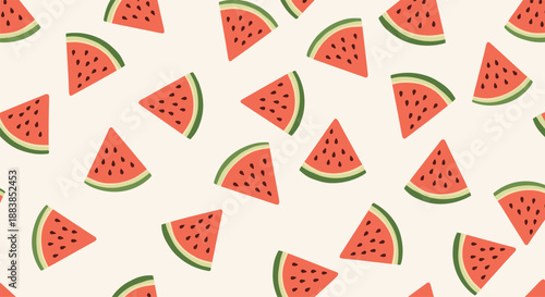Simple and fresh seamless summer pattern of cute red watermelon slices scattered on a neutral light beige background.