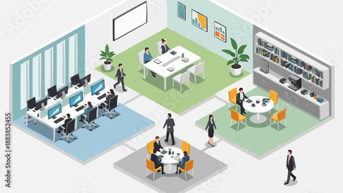 Modern Office Interior Design with Meeting Rooms and Workstations.