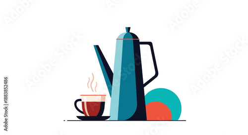 Modern flat design illustration of a tall blue coffee pot next to a steaming cup of hot coffee or tea.