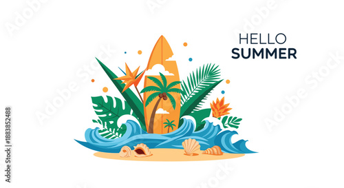 Hello Summer vacation illustration with a surfboard tropical plants ocean waves and seashells on a sandy beach shore.
