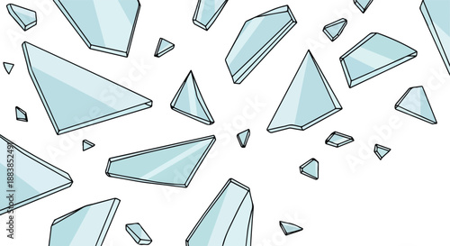 A graphic illustration of various sharp, angular pieces of shattered glass scattered randomly across a white background, representing fragility and damage