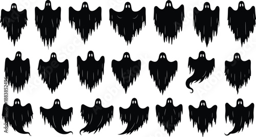 Collection, of, black, spooky, ghost, silhouettes, featuring, various, floating, spirits, and, phantoms, for, Halloween, horror, paranormal, scary, and, gothic, design.
