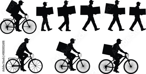 Delivery man silhouettes, courier carrying boxes by bicycle and walking, logistics transport service concept, isolated on white background