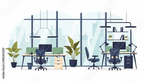 Modern office interior with desks computers and chairs.