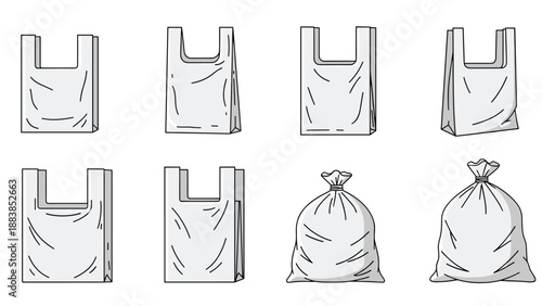 Illustrations of various types of plastic bags including shopping bags with handles and tied garbage bags in monochrome tones.