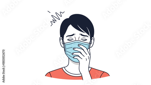 Illustration of a person wearing a blue medical mask and holding their face while showing signs of feeling sick or having a fever.