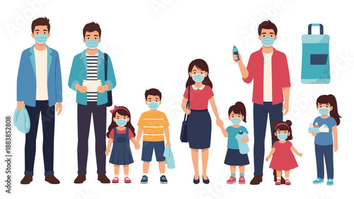 Group of diverse people including families and children all wearing protective face masks for health and safety reasons.