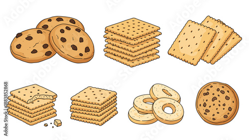 Assorted collection of cookies and crackers including chocolate chip cookies, square biscuits, and ring shaped snacks.