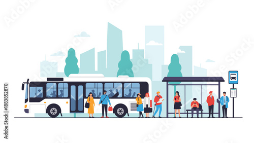 Group of people waiting at a city bus stop near modern skyscrapers as a white bus arrives for passenger pickup.