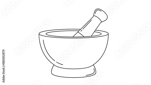 Simple black and white line drawing of a traditional mortar and pestle used for grinding herbs, spices, and ingredients.
