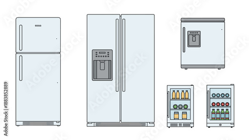 Various refrigerator models including large side-by-side units, single door fridges, and small beverage coolers for homes.
