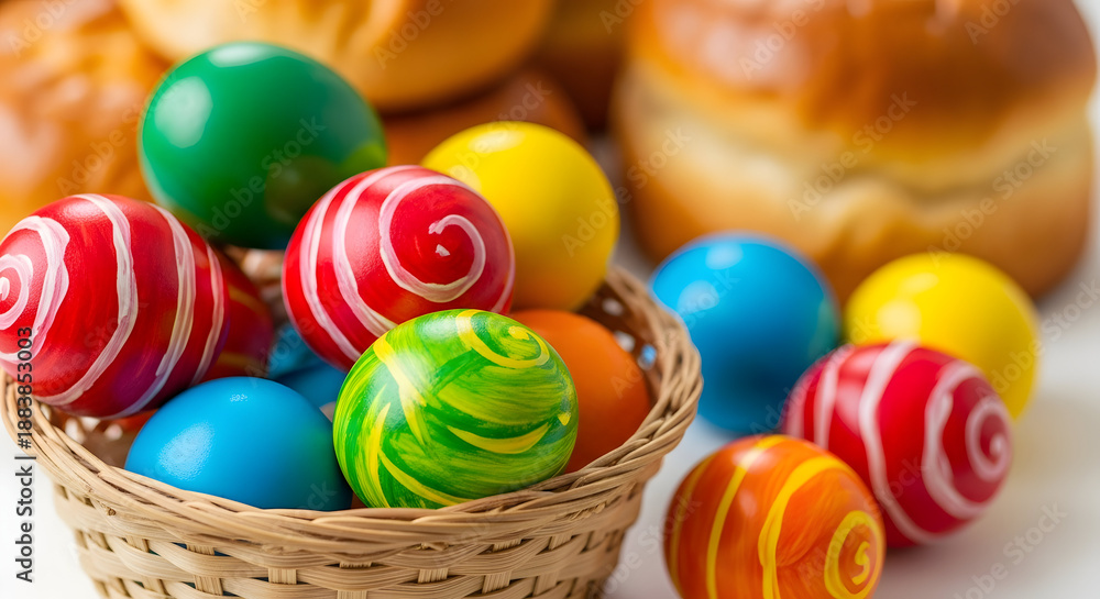 Fototapeta premium Colorful easter eggs in a woven basket with bread