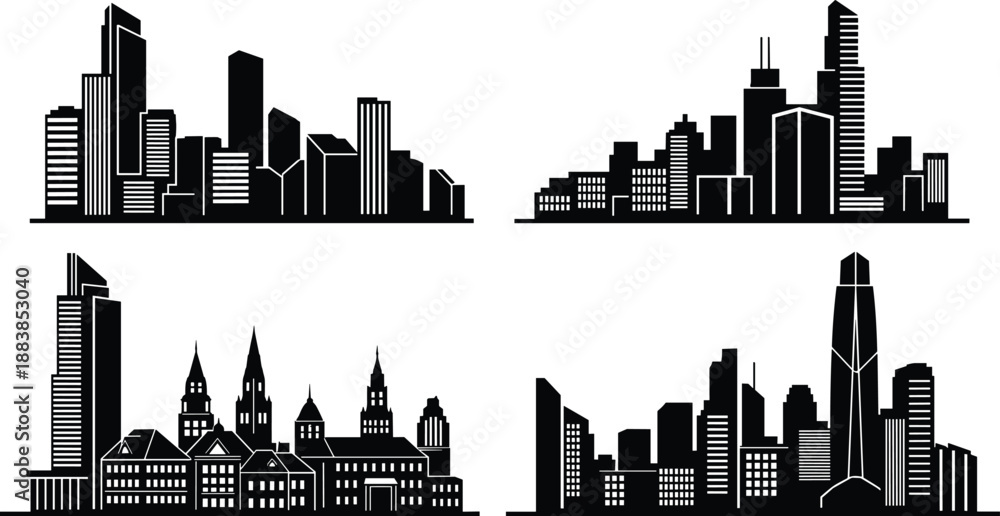 Obraz premium Collection, of, black, urban, city, skyline, silhouettes, featuring, modern, skyscrapers, metropolitan, buildings, and, architectural, landmarks, for, business, and, travel, design.