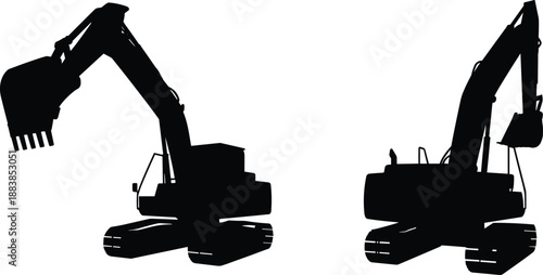 Excavator machine silhouettes isolated black heavy construction equipment digging arm bucket industrial machinery earthmoving illustration