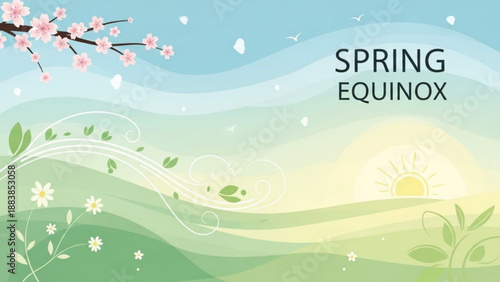 Spring equinox illustration with blooming cherry blossoms and green rolling hills representing new beginnings and seasonal change perfect for nature and celebration themes
