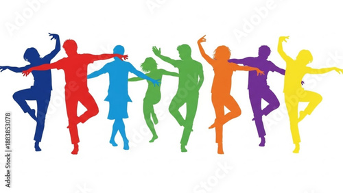 Diverse group of colorful dancing silhouettes representing joy and movement ideal for fitness celebration or community concepts