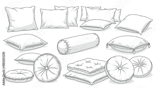 Large set of assorted pillows and cushions including square, round, and bolster shapes illustrated in a clean line art style.