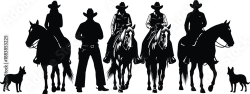 Collection, of, black, western, cowboy, and, cowgirl, silhouettes, riding, horses, with, ranch, dogs, for, equestrian, country, and, wild, west, design.