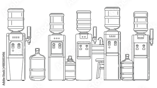 Set of various office and home water dispensers with large water bottles and dispenser units shown in a clean line art style.