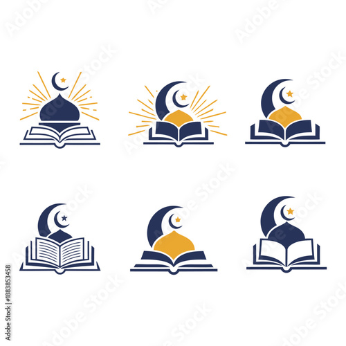 Islamic Book & Dome Logos: Minimalist Navy Blue & Gold Icons for Faith, Knowledge, Culture Crescent Moon, Star, Sunburst Designs