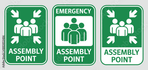 Assembly point sign emergency symbol, evacuation meeting location icon, safety instruction printable poster, clear guidance graphic, vector illustration template design.