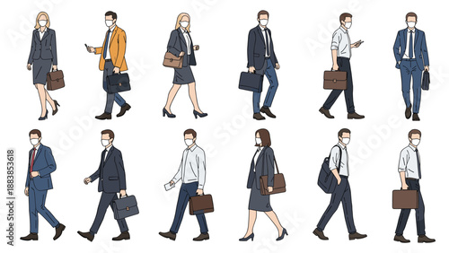 Group of professional business people wearing protective face masks and carrying briefcases while walking in an outdoor setting.