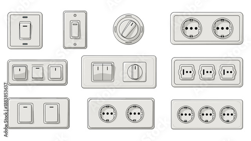 Collection of modern white electrical wall switches and power socket outlets for residential or commercial interior design.