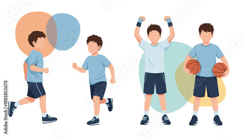Young boy character performing various sports activities including running and playing basketball in casual athletic wear.