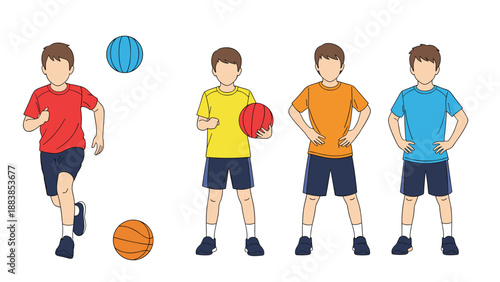 Diverse set of young boy characters in colorful sports outfits playing with basketballs and posing for athletic activities.