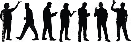 Men,silhouettes,standing,gestures,communication,conversation,people,black,figures,isolated,white,background,body,language,discussion,social,interaction,characters,collection,concept