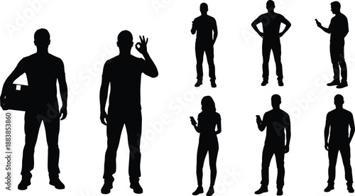 People silhouette collection using smartphone gestures, standing male and female poses, modern communication concept, black human figures isolated on white background