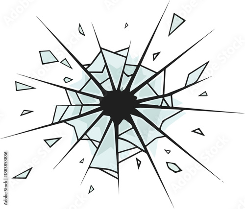 Dynamic Illustration of Broken Glass with Central Damage and Scattered Fragments Effect