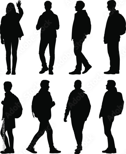 People silhouettes with backpacks walking and standing poses isolated on white background for travel urban lifestyle vector illustration set