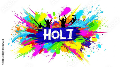 Holi festival celebration with colorful powder splashes and silhouettes of people dancing vibrant abstract background for Indian holiday event