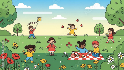 Children enjoying a sunny day picnic and flying a kite in a park with flowers and butterflies perfect for spring or summer themes