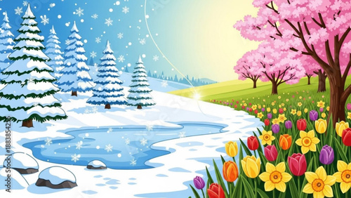 Four seasons landscape split showing winter snow and spring flowers representing change and natures cycle perfect for seasonal concepts